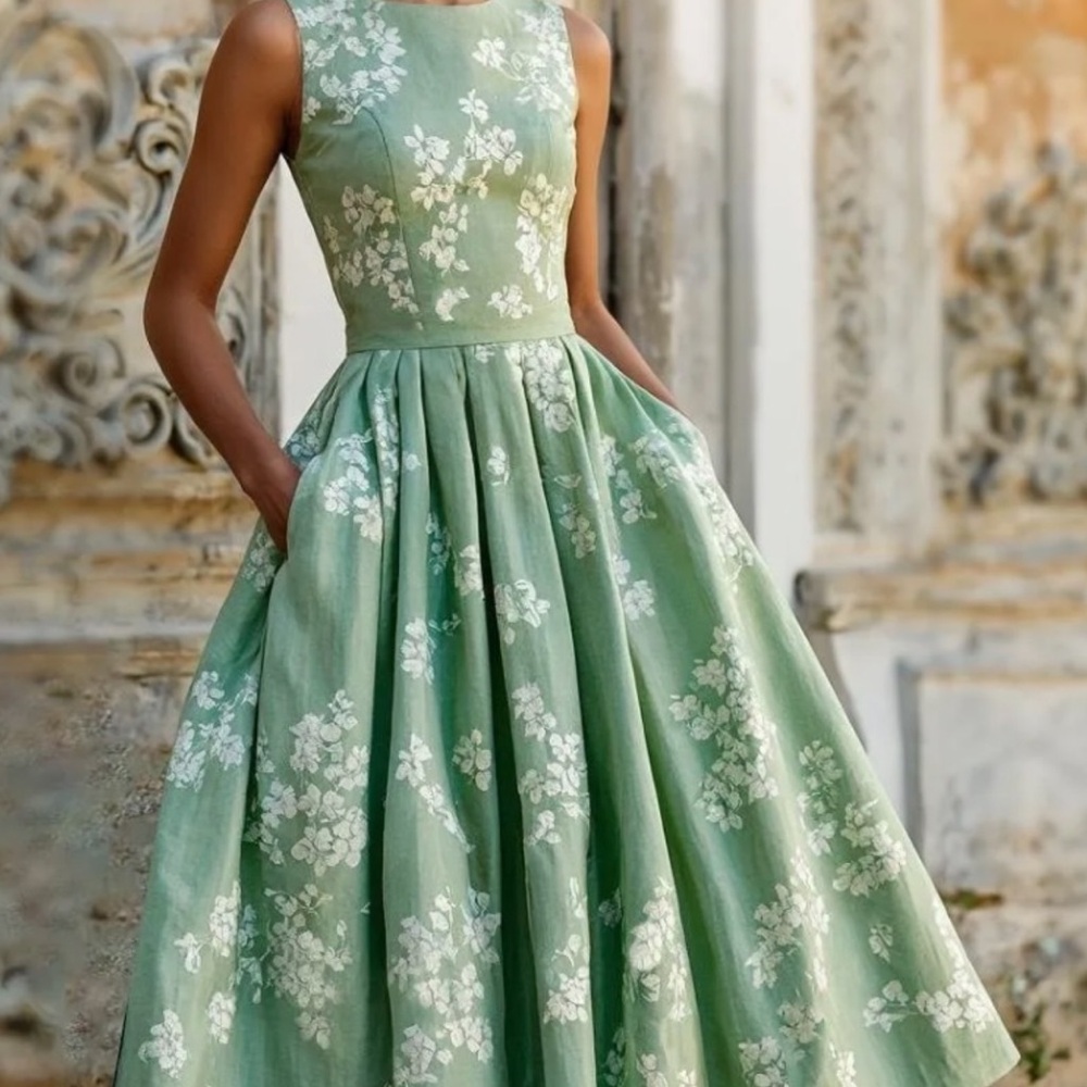 Sage Green Floral Midi Dress with Pleated Skirt